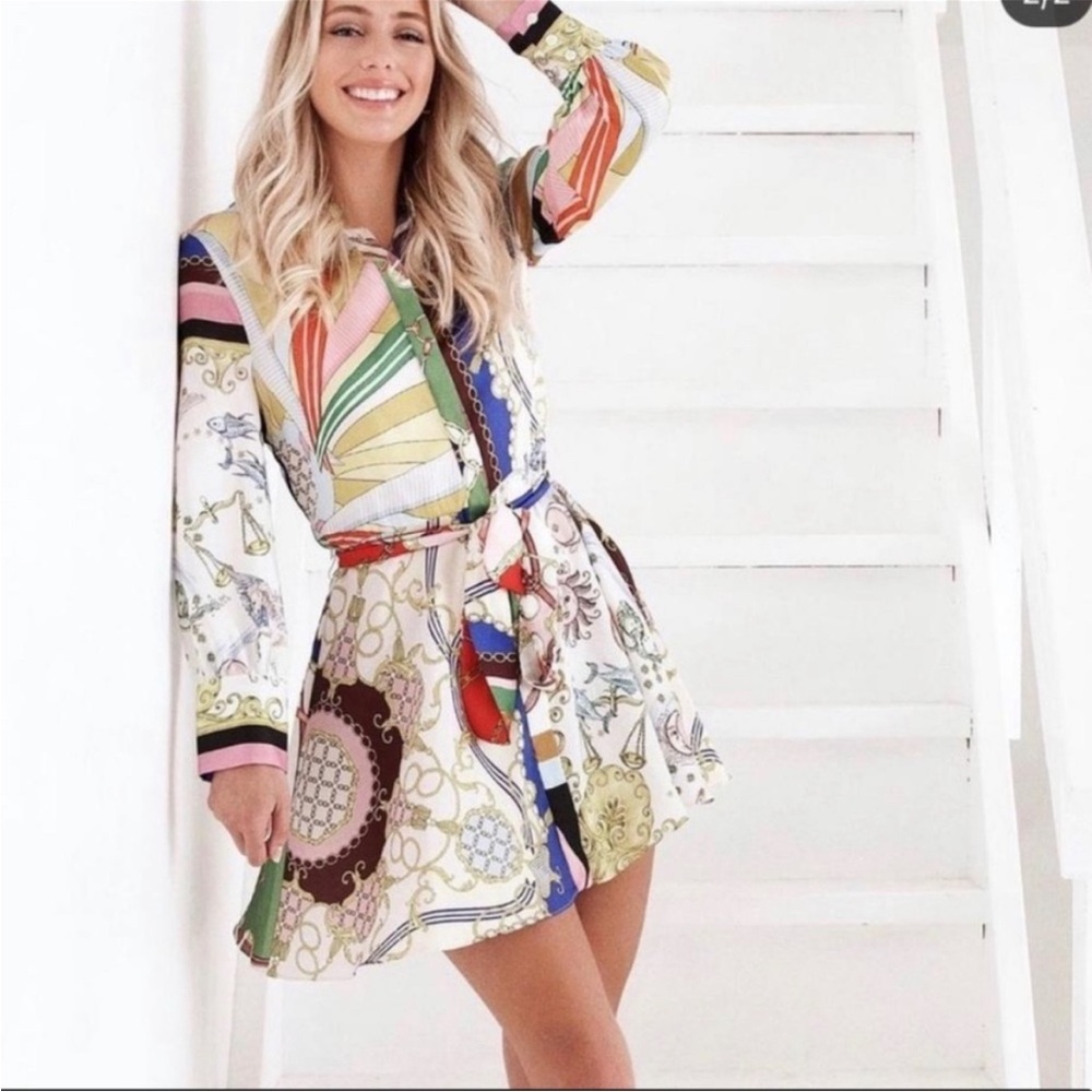 Zara Womens Satin Mini Shirt Dress Zodiac Astrology Chain Print MISSING BELT XS